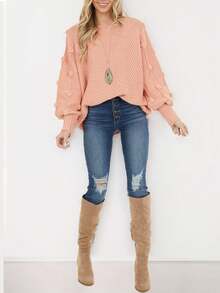 Simplee 女絨球裝飾插肩袖毛衣 - 粉色 - 查看 4