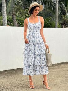 SHEIN VCAY Của phụ nữ Ngẫu nhiên In Không tay Dây đeo Mì Ý  Đầm - Xanh và trắng - Xem 5