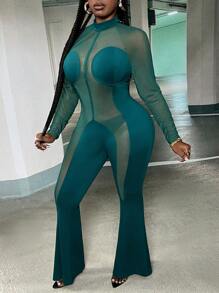 Slaydiva Jumpsuit De Talla Extra Para Mujer Con Encaje De Malla Y Cuello Alto - Verde Oscuro - Ver 1