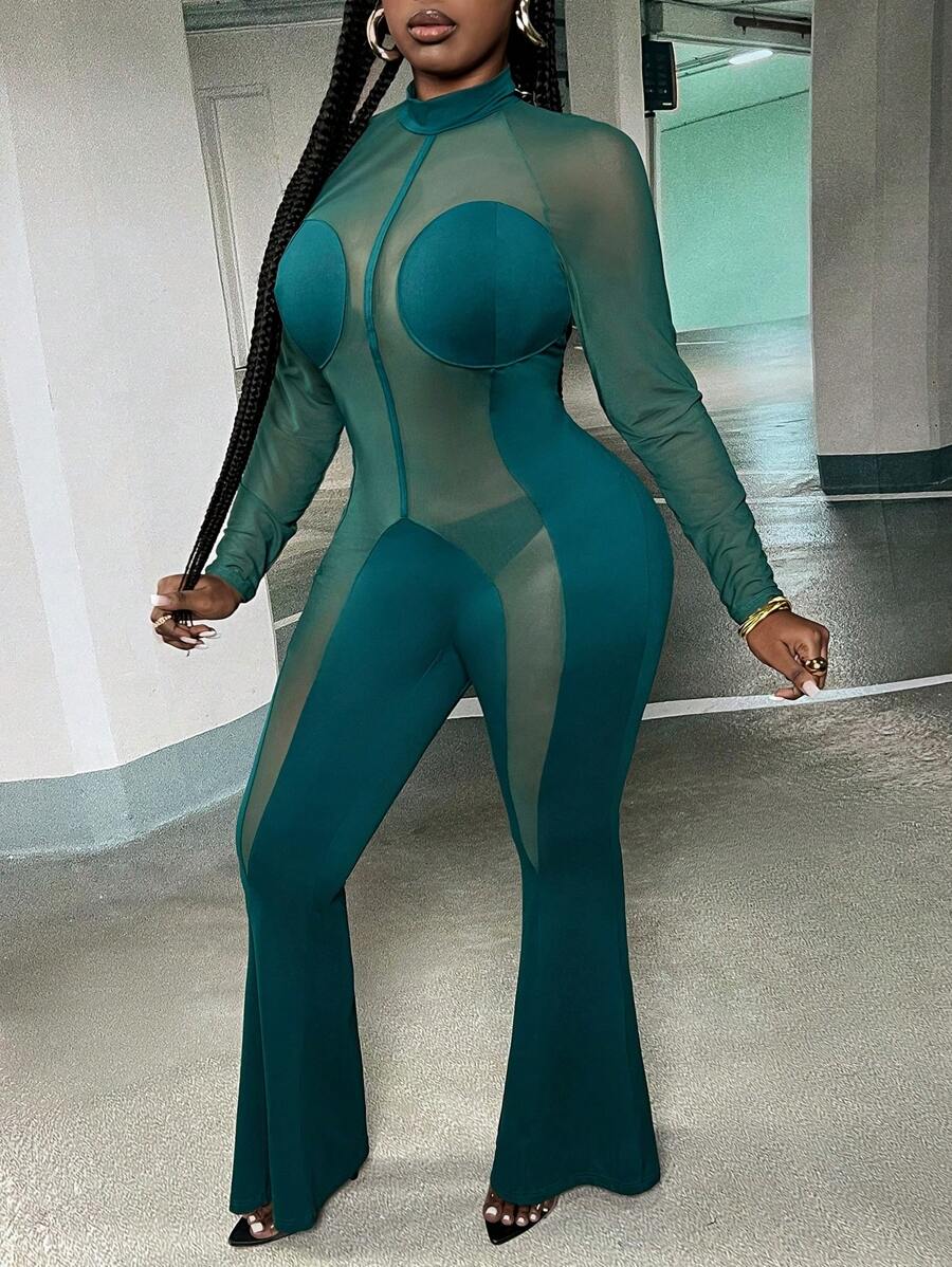 Slaydiva Women's Plus Size Stand Collar Mesh Splice Jumpsuit - Dark Green - View 1