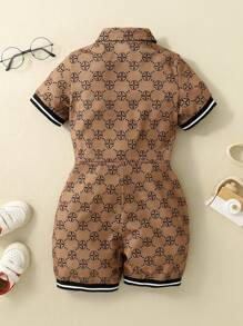 SHEIN Young Boys' Daily Comfortable Fashionable Printed Polo Collar Short Sleeve Romper, Spring/Summer - Brown - View 2