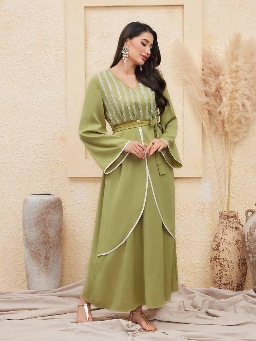 Al Najma Của phụ nữ Kim sa Trộn Màu Vá lại Với Viền Piping Váy quấn - Màu xanh Bạc hà - Xem 1