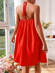 SHEIN Privé 3d Flower Decor Halter Neck A-Line Dress - Red - View 2