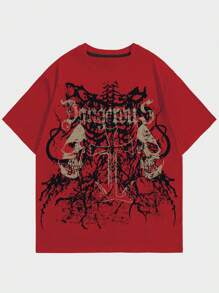 ROMWE MEN Grunge Punk Men's Skull Printed Round Neck T-Shirt, School, 2000s Style