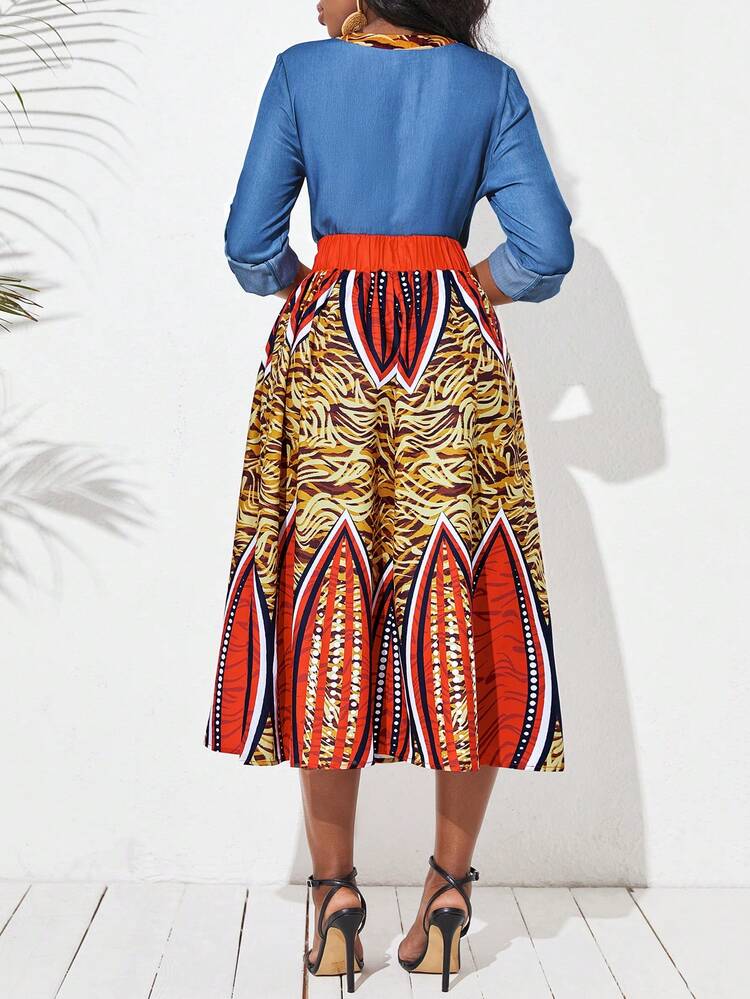 Women's Notched Collar Roll-Up Sleeve Blouse And Skirt Set
