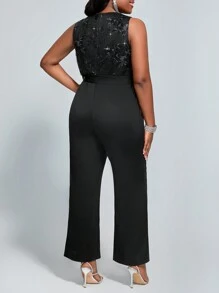 SHEIN Lady 大尺碼女款無袖連身褲,搭配閃亮亮片細節 - 黑色 - 查看 2