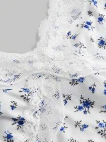 SHEIN Teen Girl Knitted Spliced Lace Trim Floral Pattern Casual Camisole Tank Top Top