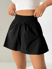 SHEIN EZwear Women's High Waisted Elastic Waist Wide Leg Shorts - Black - View 4