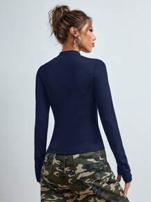 SHEIN EZwear 女士纯色日常穿着拉链拇指孔夹克 - 藍色 - 查看 2