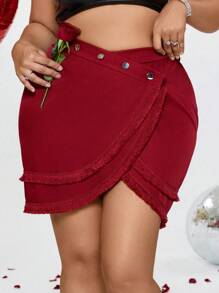 SHEIN Unity Plus Size Women's Asymmetrical Hem Tassel Patchwork Skirt - Brown - View 3