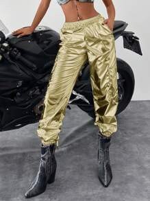 SHEIN Cottnline Women'S Solid Color Metallic Cargo Trousers - Gold - View 4