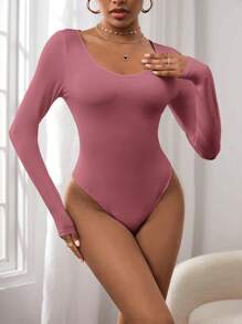 SHEIN Essnce Bodysuit De Manga Larga De Color Sólido Para Mujeres - Rosa Oxidada - Ver 1