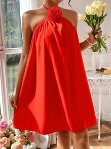 SHEIN Privé 3d Flower Decor Halter Neck A-Line Dress - Red - View 3