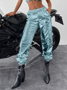 EURMUSE Ladies' Solid Color Metallic Feeling Cargo Pants - Blue - View 3