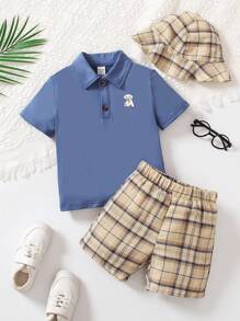 SHEIN 年轻男孩运动 Polo 衫和格子图案短裤套装（带渔夫帽），2 件套，适合夏季 - 藍色 - 查看 1