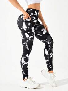 Easithlete 水墨圖案運動打底褲 - 黑與白 - 查看 5