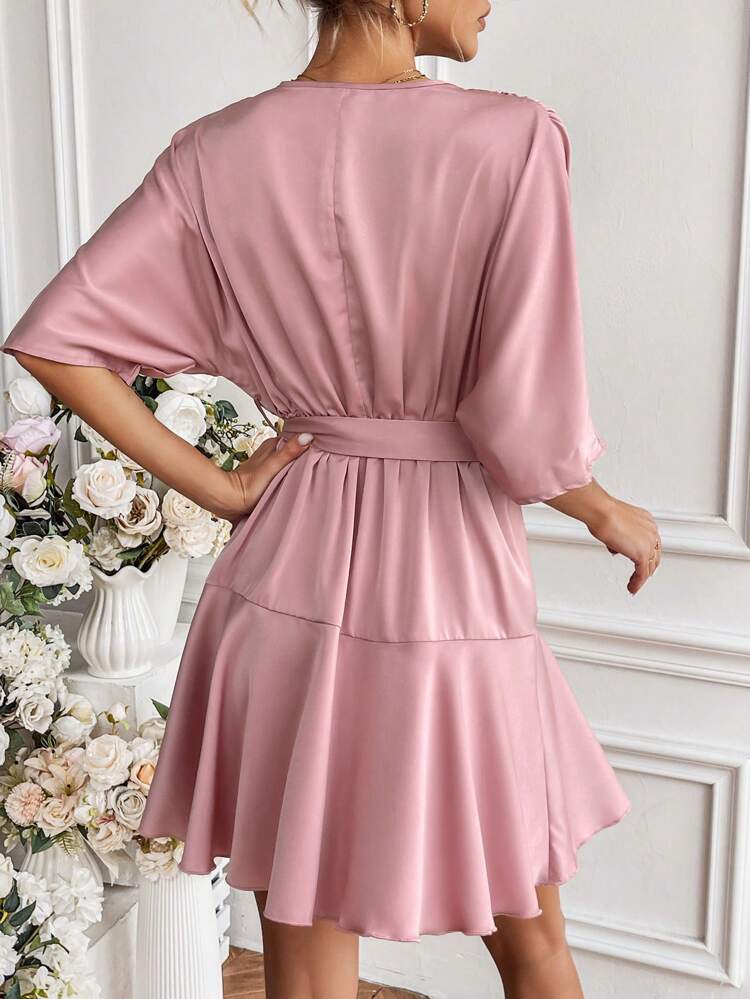 Wrap Neckline Belted Dress