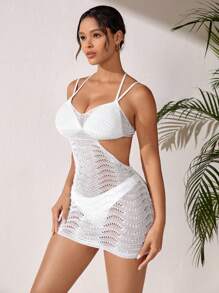 SHEIN Swim 女士镂空腰部吊带连衣裙，带罩衫，婚礼，夏季