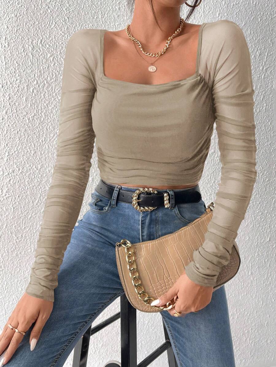 EURMUSE Top crop de cuello cuadrado fruncido de manga de malla - Albaricoque - Ver 1