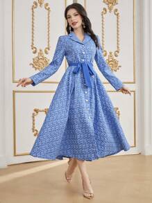 Modelyn Ladies' Jacquard Long Sleeve Dress With Contrast Collar - Multicolor - View 4