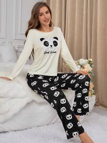 Women's Panda Pattern Pajama Set - Multicolor - View 7