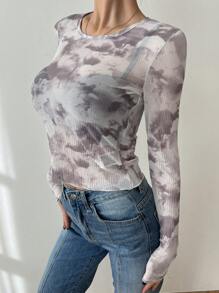 Dazy Designer Women's Tie Dye Lettuce Hem Long Sleeve T-Shirt Sheer - Multicolor - View 5