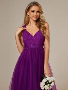 EVERPRETTY Backless Appliques Contrast Lace & Mesh Wedding Dress - Purple - View 5