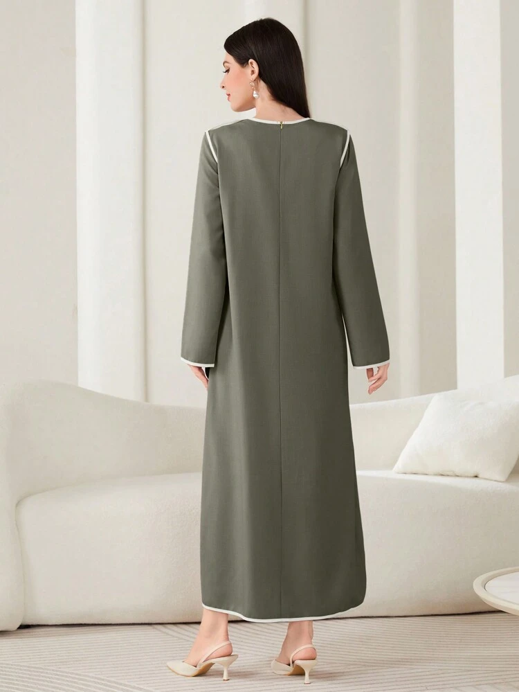 Women'S Round Neck Long Sleeve Dress, Modest Inner Slip Abaya Dress