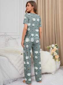 Ensemble Pyjama À Manches Courtes Et Pantalon Avec Motif De Moutons Pour Femme - Vert - Voir 3