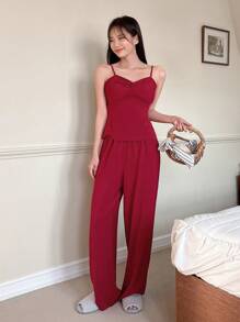 DAZY 3pcs Pleated Detail Cami Top, Long Sleeve Robe And Pants Homewear Lounge Set, Fall Winter Clothes Pajama, Cozy Outfit - Red - View 3