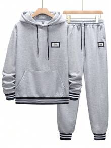 Manfinity Homme Loose Men's Stripe Detail  Pocket Hooded Sweatshirt And Sweatpants Set - Light Grey - View 4