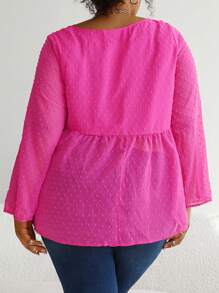 SHEIN CURVE+ 大碼圓點前抽繩荷葉邊下擺襯衫 - 玫紅色 - 查看 2