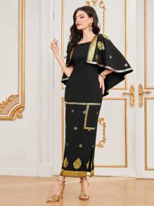 Al Najma Gold Foil Printed Dress - Black - View 3