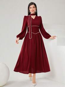 Modelyn Women'S Lantern Sleeve Pearl Beaded Sheath Dress - Red - View 4