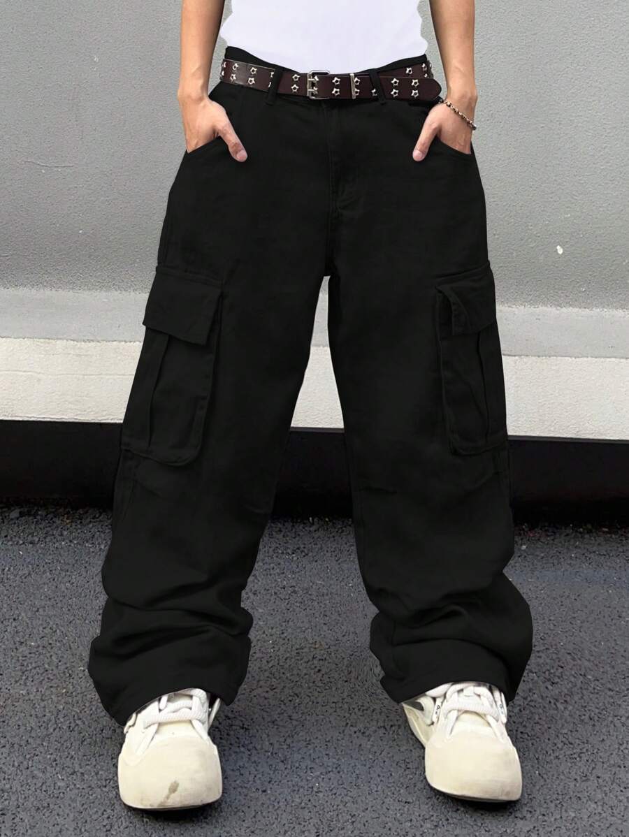 Manfinity EMRG Quần Jeans Cargo Màu Trơn Cho Nam Không Có Thắt Lưng - màu đen - Xem 1