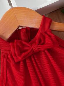 嬰兒女孩無袖露背連體褲,蝴蝶結裝飾 - 紅色 - 查看 3