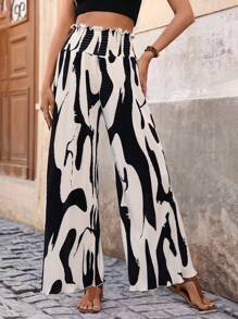 SHEIN Clasi 女款印花寬鬆抽褶腰長褲 - 杏色 - 查看 1