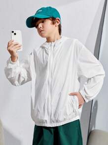 SHEIN Tween Boys' Casual Holiday Printed Hooded Zip-Up Woven Jacket