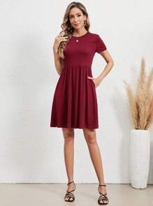 EMERY ROSE Women's Summer Red Elastic Waist Short Sleeves Dress - Burgundy - View 4