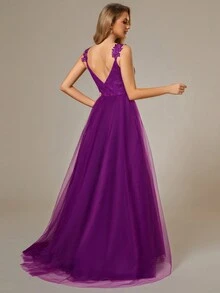EVERPRETTY Backless Appliques Contrast Lace & Mesh Wedding Dress - Purple - View 2