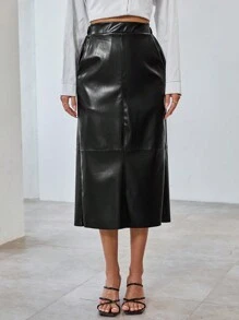 GENKIRA Pu Skirt With A Slit - Black - View 4