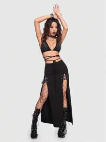 ROMWE PUNK Women's Skull Hand Graphic Crisscross Back Knot Halter Top - Black - View 3