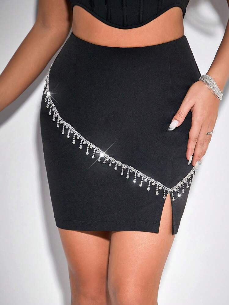 Bodycon Mini Skirt For Women With Slit, Decorated With Diamond Chain