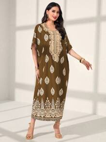 Al Najma Printed Patchwork Embroidery Batwing Sleeve Dress Kaftan Jalabiya Dress - Brown - View 3