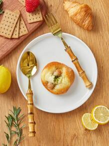 SHEIN Basic living Bamboo Gold Set 18/8 Stainless Steel Tableware Set Natural Bamboo Utensil Flatware Set Spoon Fork Knives Bamboo Handle Cutlery Set for Kitchen Wedding Home Restaurant Party,Creative Flatware For Dining,2 Pieces/set - Gold - View 1