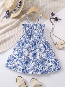SHEIN Young Girls' Bowknot Decor Flower Printed Spaghetti Strap Dress,Holiday,Summer,Travel - Blue and White - View 2