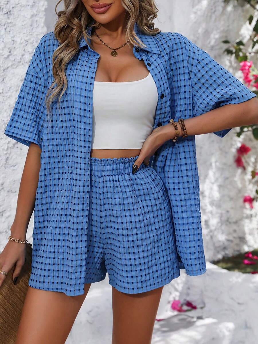 SHEIN LUNE 格紋下垂腰袖襯衫和短褲套裝