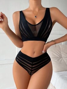 Women's Mesh Splice Wireless Bra & Panty Set Lingerie Set - Black - View 3