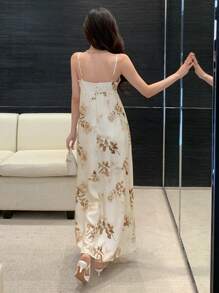 DAZY Đầm hai dây in hoa, kiểu dáng mùa hè, thích hợp cho chuyến du lịch nghỉ lễ Phục sinh của phụ nữ. - Màu be - Xem 2