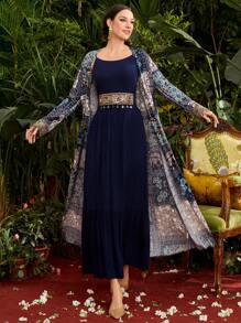 Al Najma Women'S Paisley Print Jacket & Embroidery Patchwork Dress Two Pieces Set 2 Pieces Set - Blue - View 1